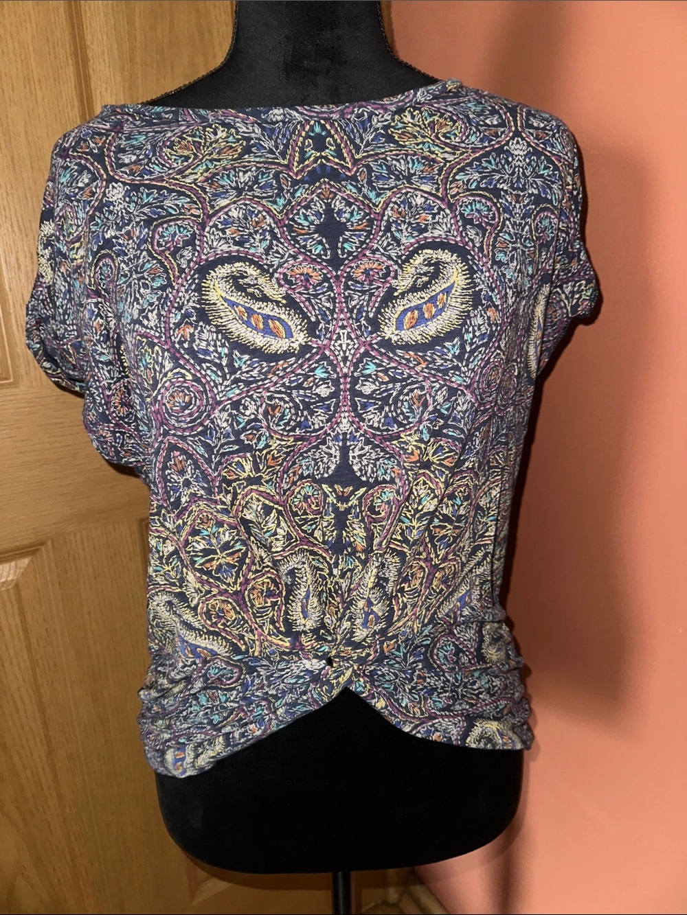 Lucky Brand Paisley Twist-Front Crop Top in Navy Multicolor